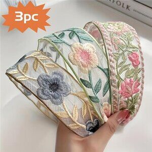 3pcs Elegant Bohemian Floral Embroidery Headband Set - Wide Retro Style NEW